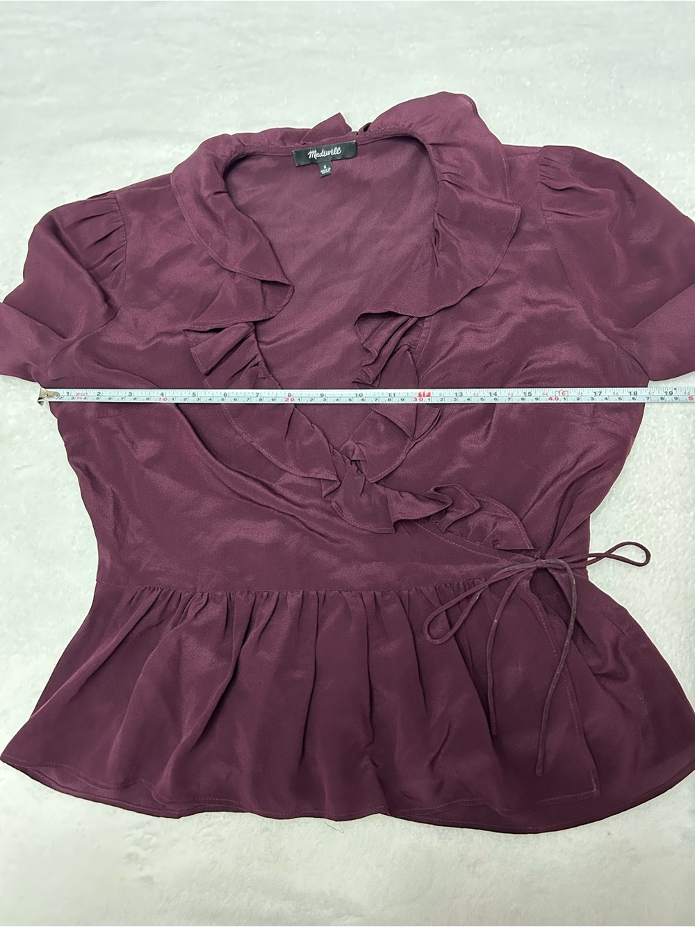 Madewell 100% Silk Women’s Small Dark Plum Ruffle Wrap Peplum Long Sleeve Top - Picture 8 of 12